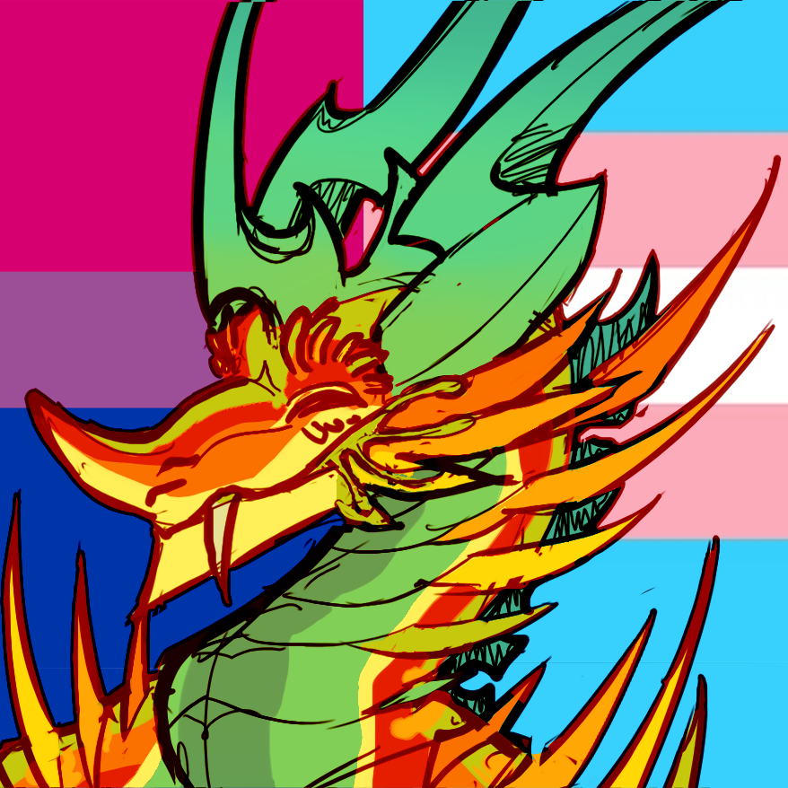 A drawing of an orange and teal spikey dragon's portrait overtop the trans and bisexual flags.